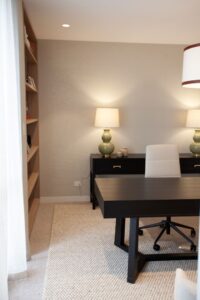 Sophisticated home office with tailored joinery and neutral palette designed in Toorak, Melbourne